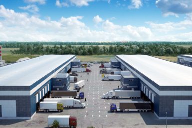 Overhead view of two large warehouses